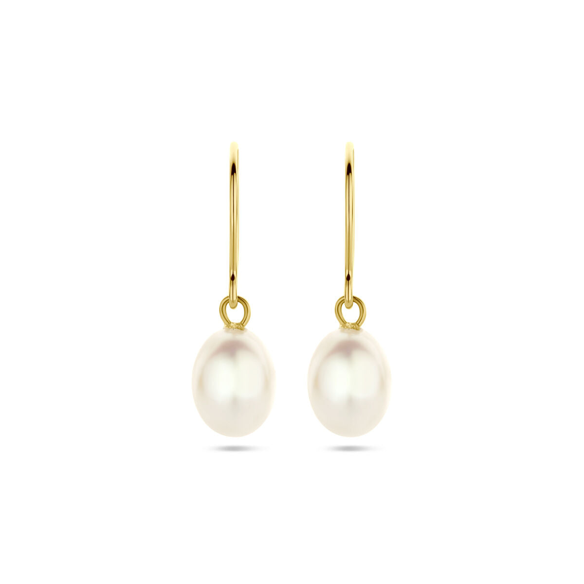 Pendientes largos de perla en oro amarillo de 14K, con gancho francés de 24 mm.