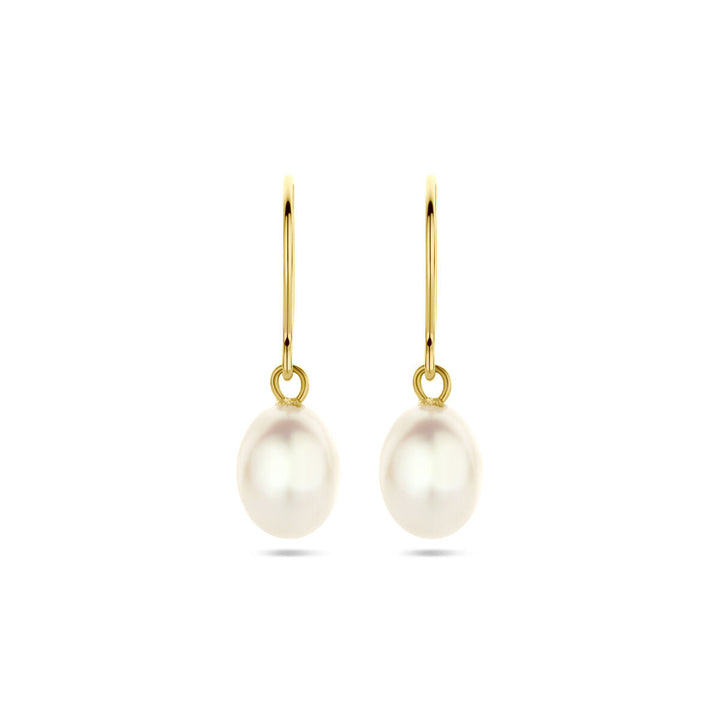 Een paar 14K geelgouden oorhangers franse haak parel 24 mm van Van der Kooij Collectie, elk met een witte parel, afgebeeld op een effen witte achtergrond.