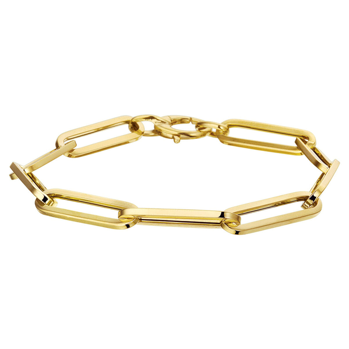 Pulsera dorada de mujer con eslabones en forma de clip de papel y tubo cuadrado de 14K.