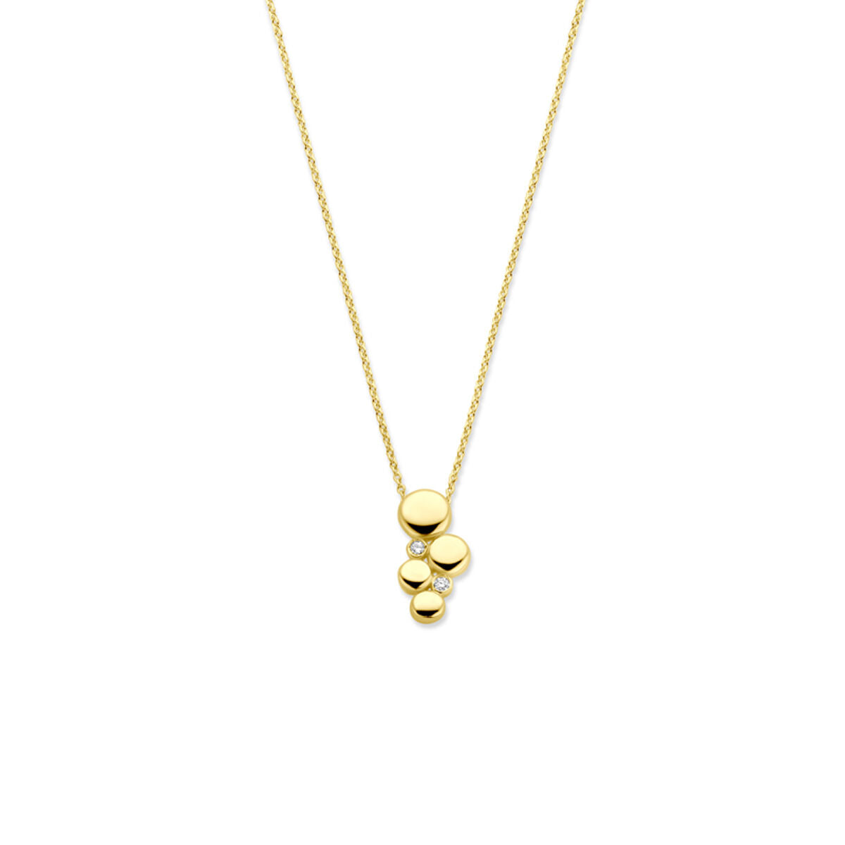 Collar de oro amarillo de 14K con diamantes, diseño con varias esferas y un diamante de 0.02 ct.