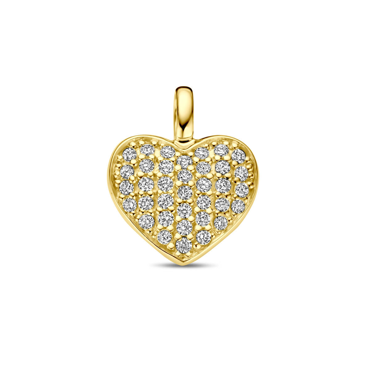 Colgante en forma de corazón de oro amarillo de 14K, adornado con diamantes brillantes.