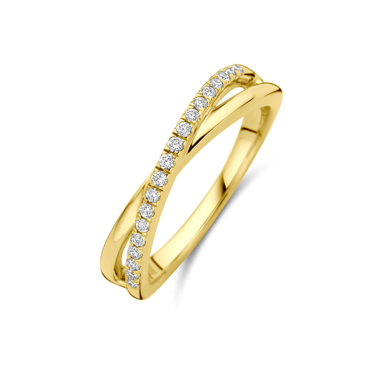 Anillo de oro amarillo de 14K con diamantes lab-grown de 0.15 ct en un diseño entrelazado.