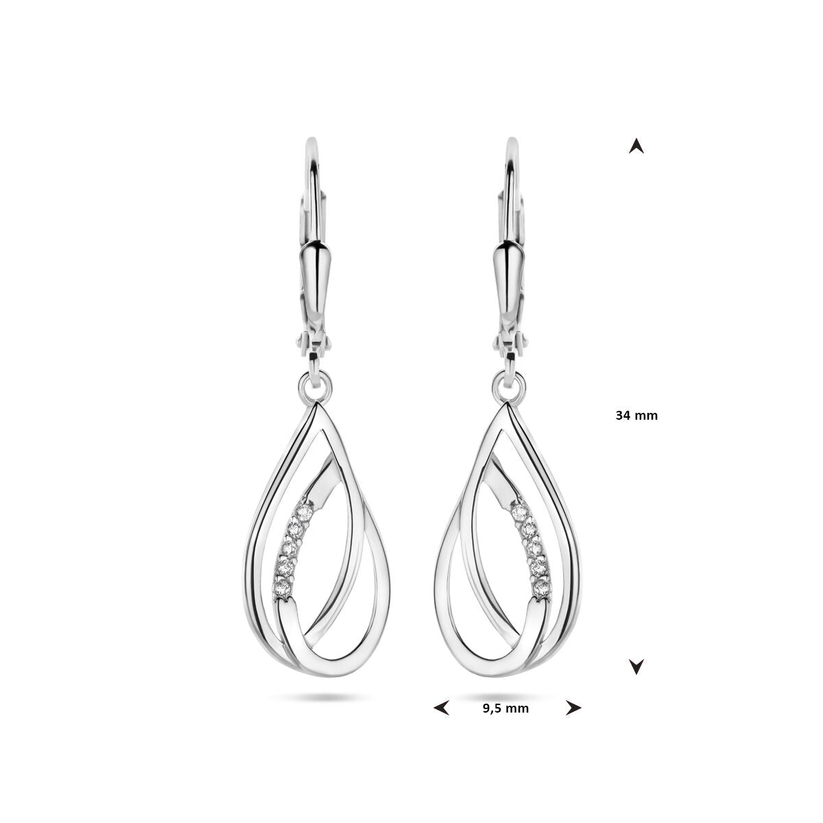 Pendientes de gota de circonita con gancho brisur 34 mm plata rodiada