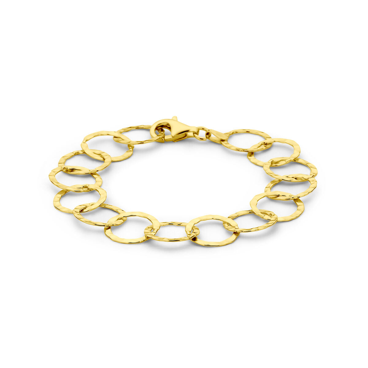 Pulsera de círculos en plata bañada en oro amarillo de 19 cm con acabado martillado.