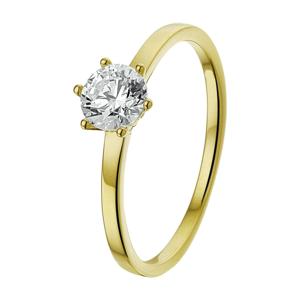 Anillo de oro amarillo de 14K con una piedra de circonia brillante en el centro.