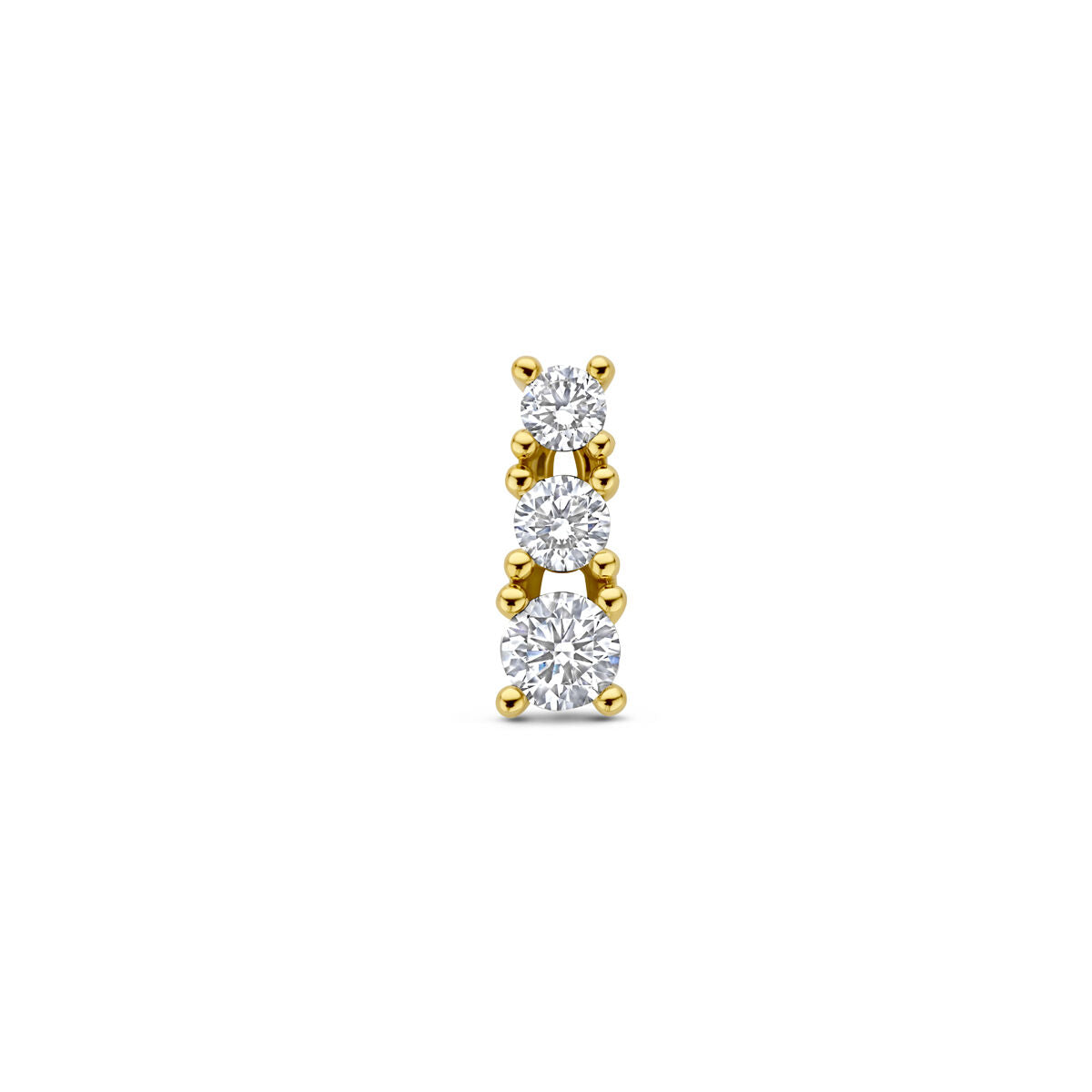 Colgante de oro amarillo de 14k con diamantes de laboratorio en forma de tres piedras brillantes.
