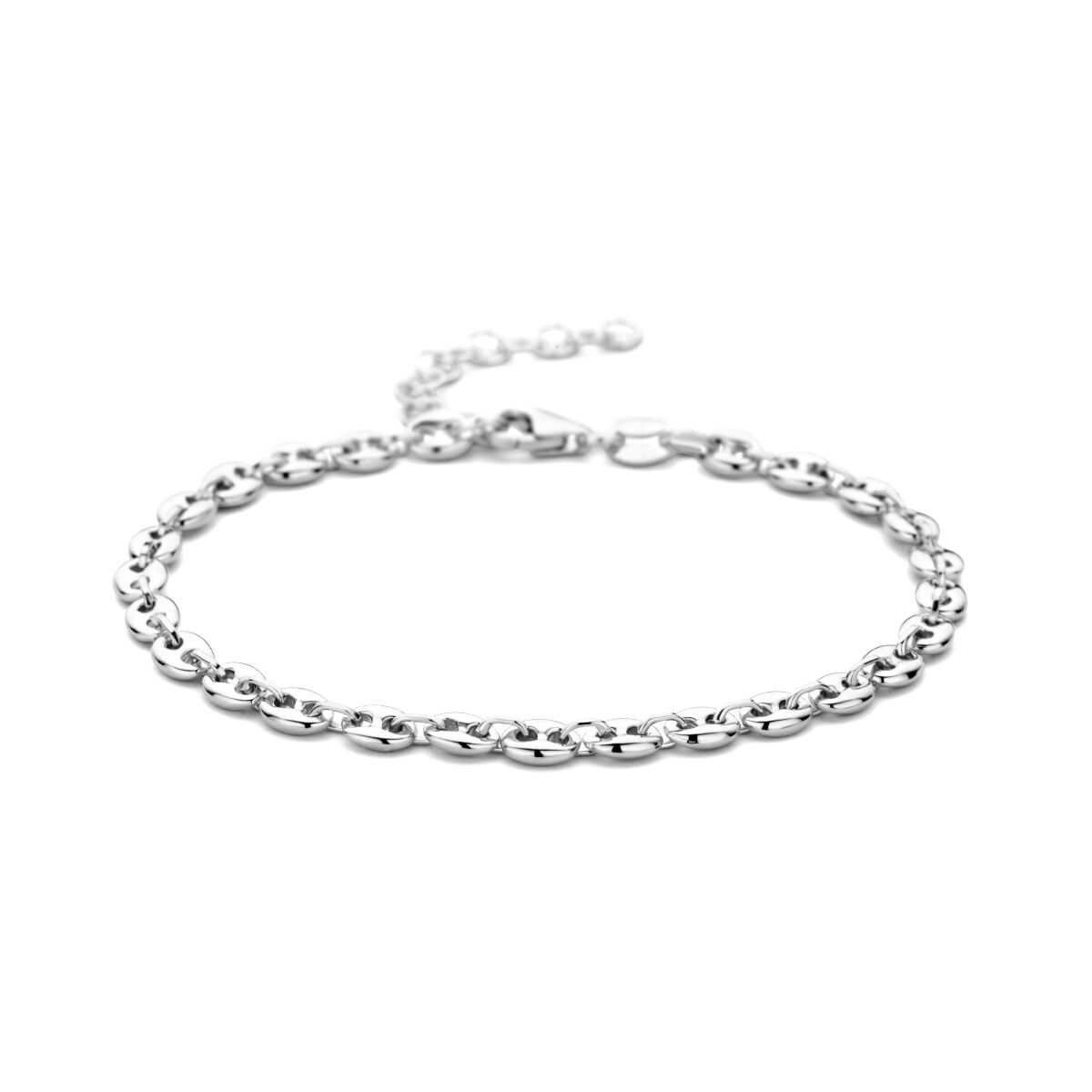 Pulsera de plata rodiada con eslabones en forma de grano de café, de 16 cm más 3 cm de extensión.