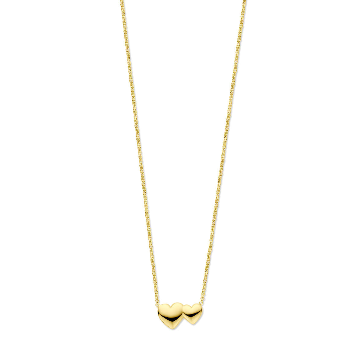 Collar de corazones en plata dorada de 3 micrones, con cadena fina y dos corazones entrelazados.