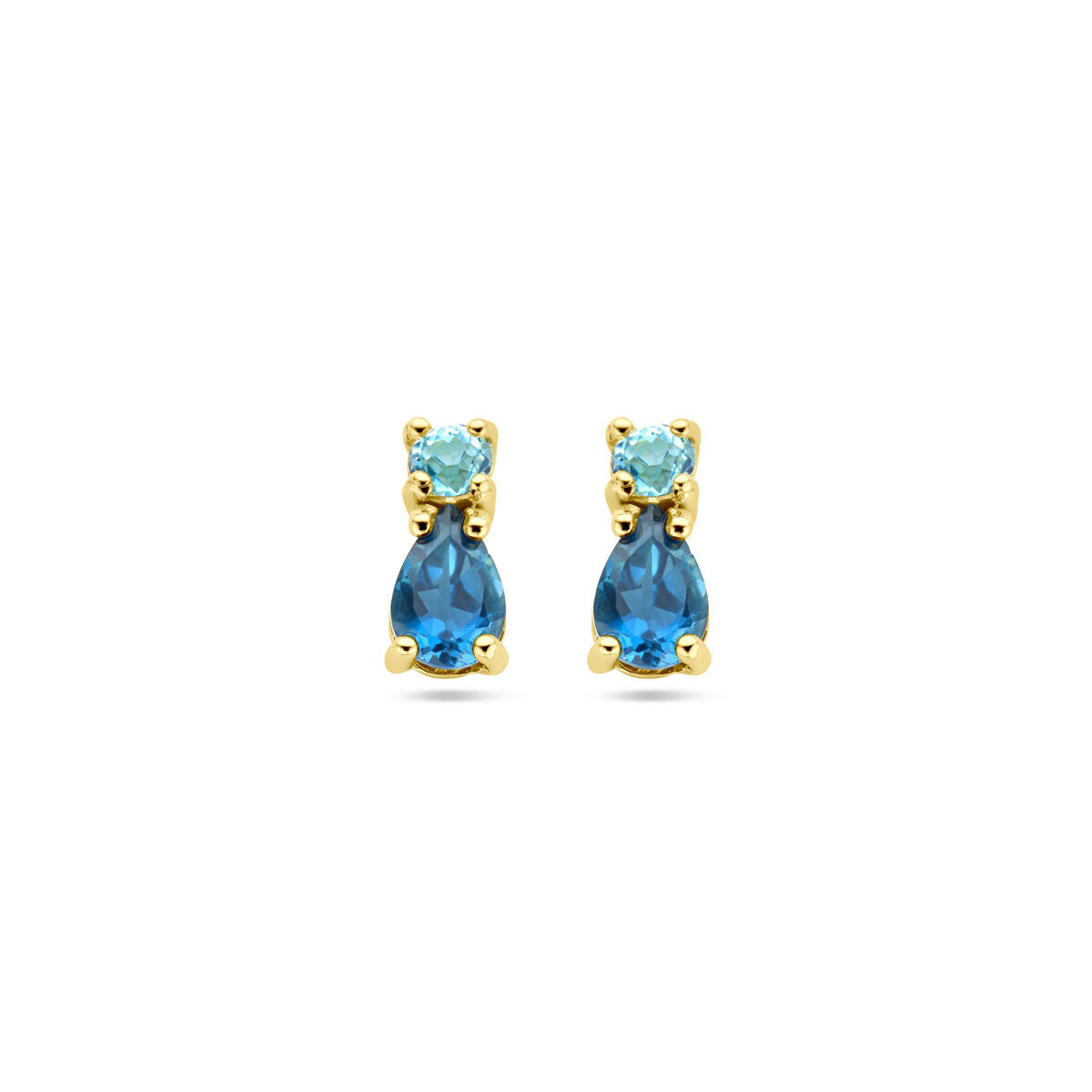 Pendientes de oro amarillo de 14K con topacio azul londinense y topacio azul cielo en forma de gota.