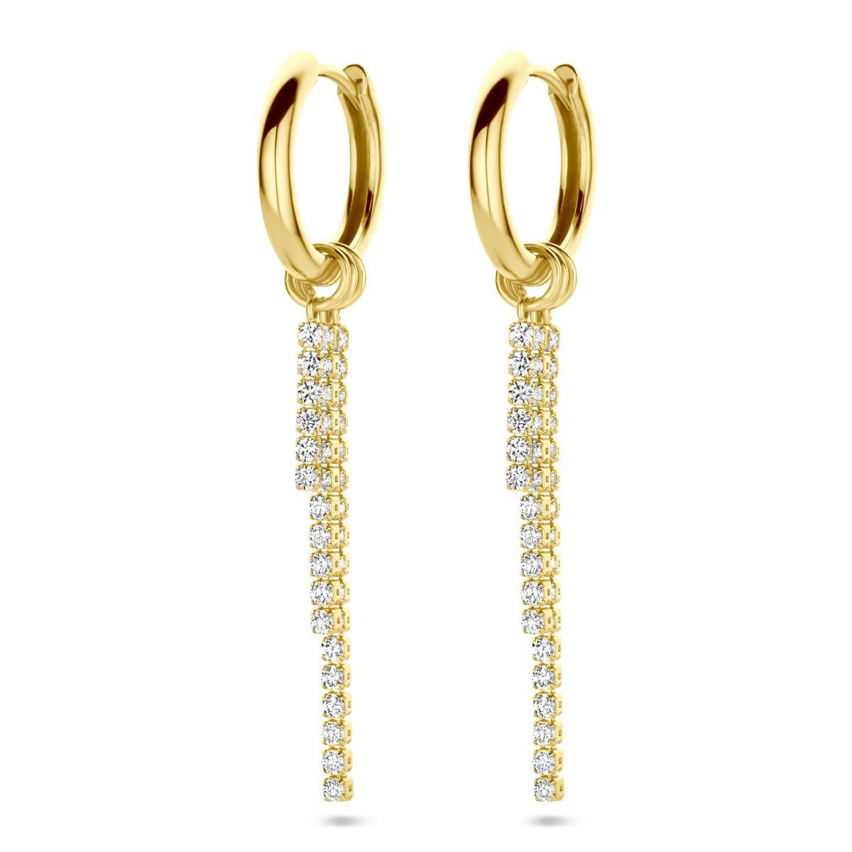 Pendientes de aro dorados con cadenas colgantes decoradas con circonitas brillantes.