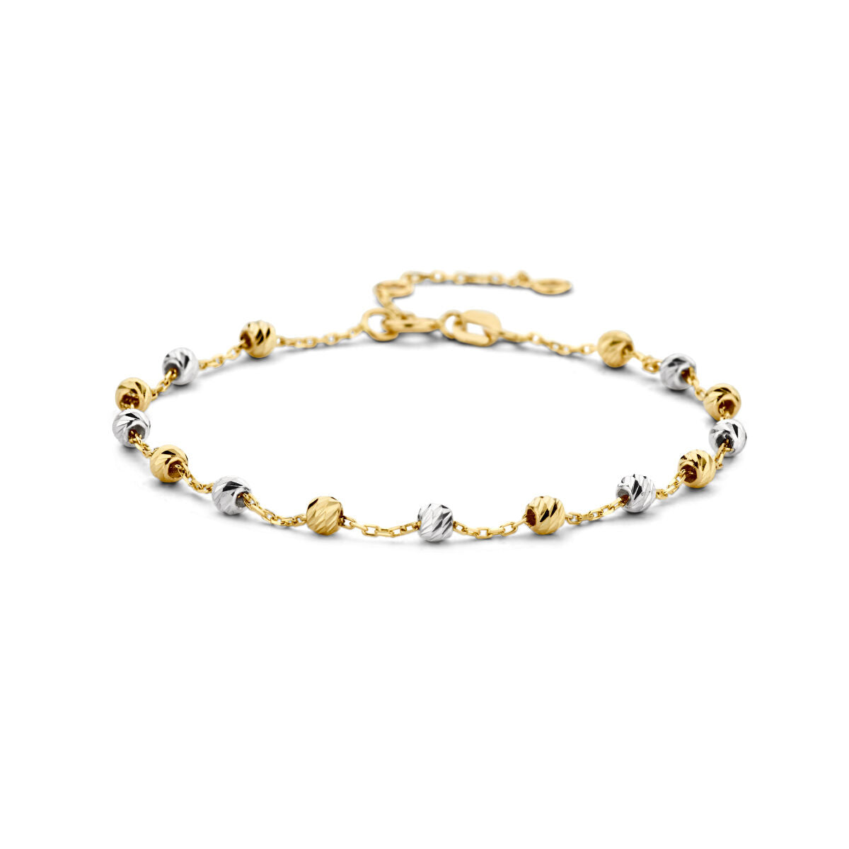 Pulsera dorada de bolitas diamantadas en 14K bicolor con detalles brillantes.