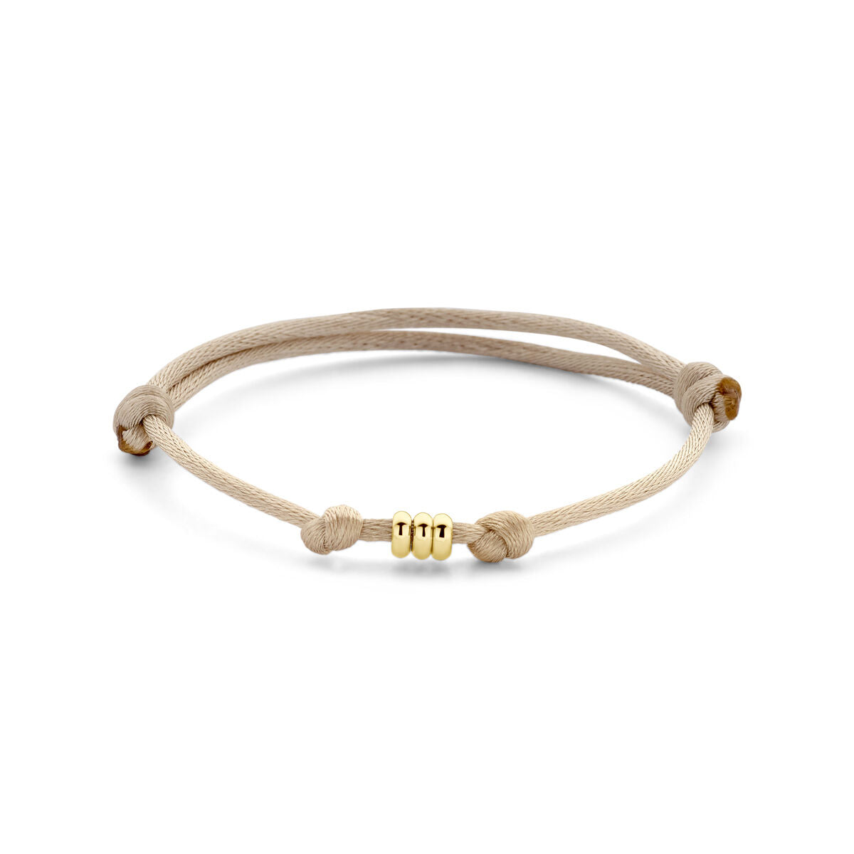 Pulsera de satén beige con detalles en oro de 14K y nudos de goma.