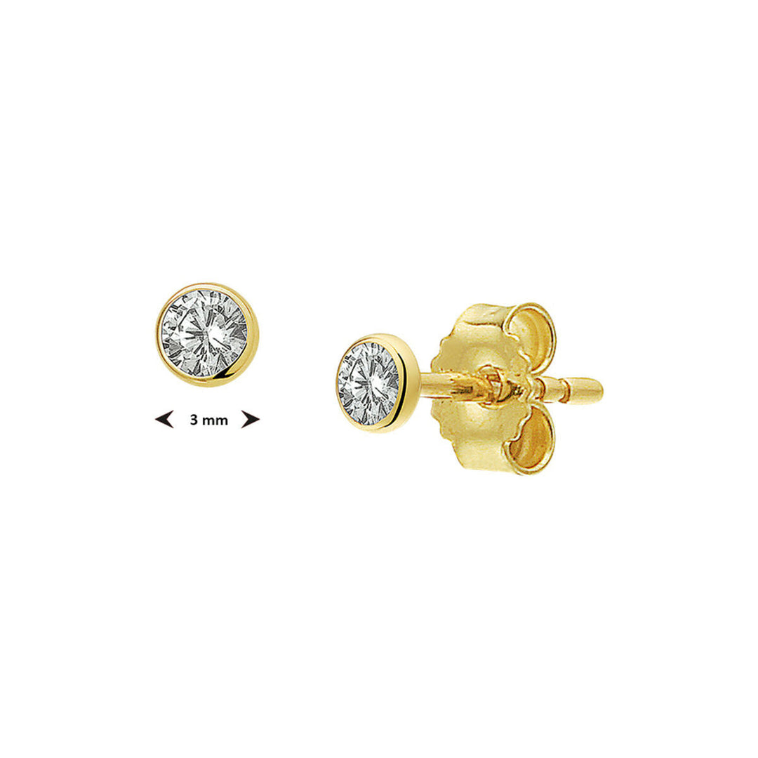 Van der Kooij Collectie oorknoppen zirkonia 14K geelgoud: kleine studs met ronde briljant geslepen zirkonia (diameter 3 mm) in een lunettezetting en voorzien van vlindersluiting.