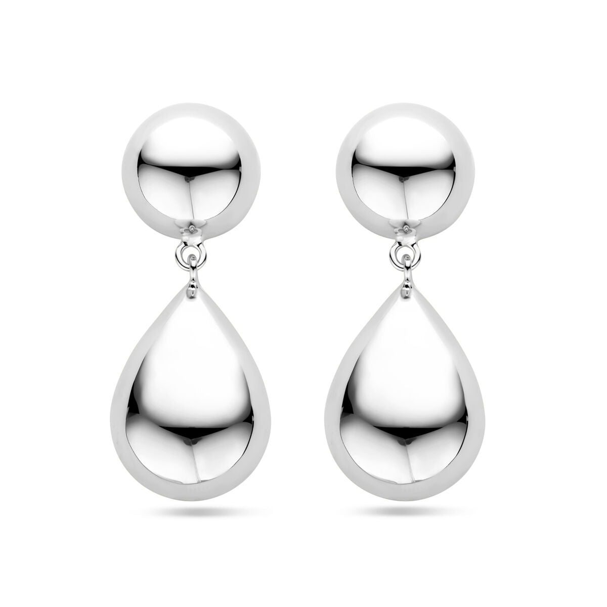 Pendientes largos de plata rhodium con forma de media bola y gota de 40 mm.