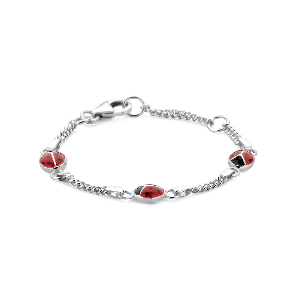 Pulsera de plata con detalles en color rojo en forma de mariquita.