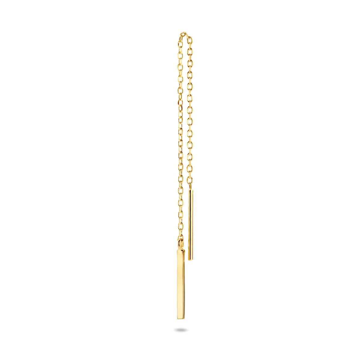 Pendiente largo de 14K en oro amarillo con un diseño de barra colgante.