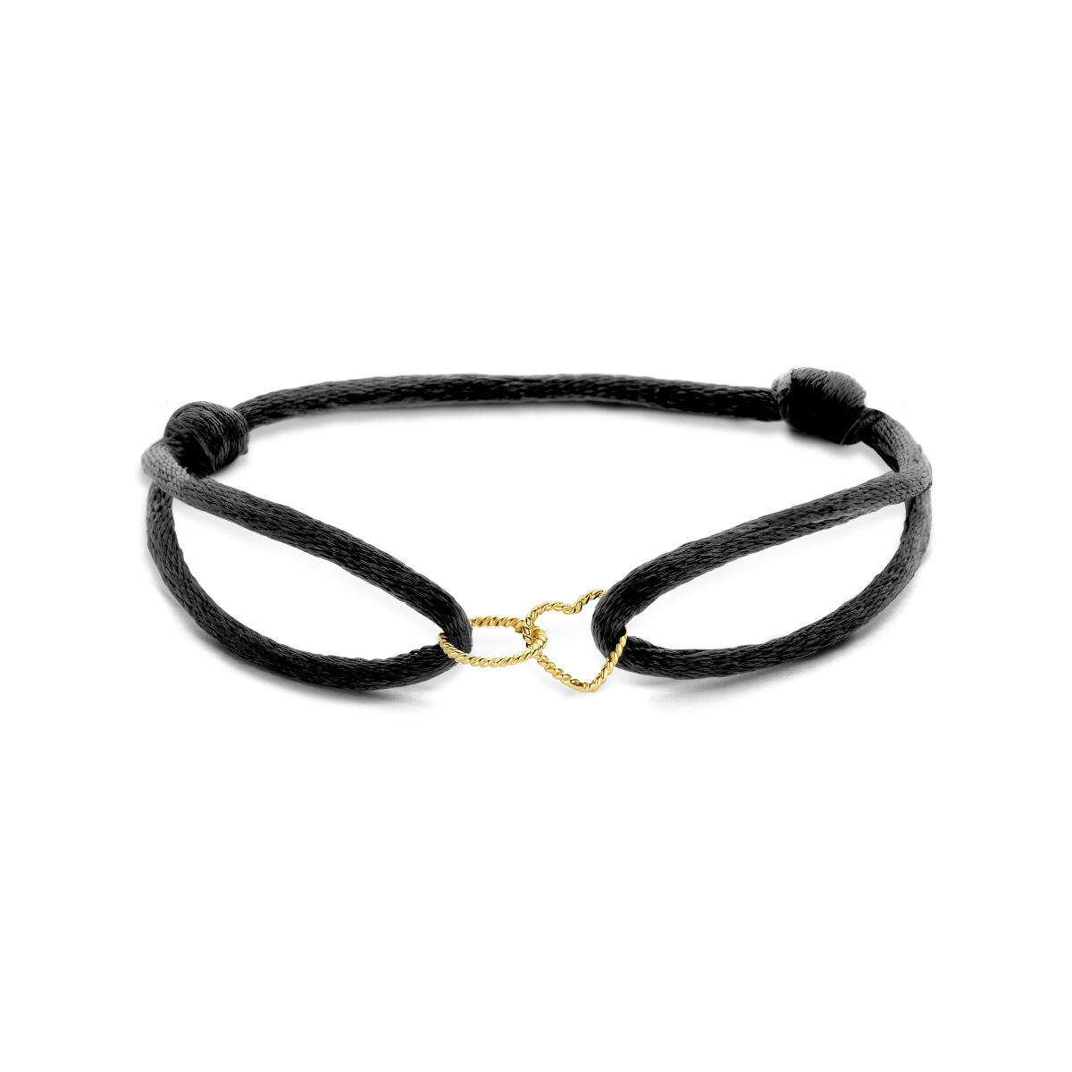 Pulsera de satén negra con un corazón y un círculo entrelazados en oro de 14K.