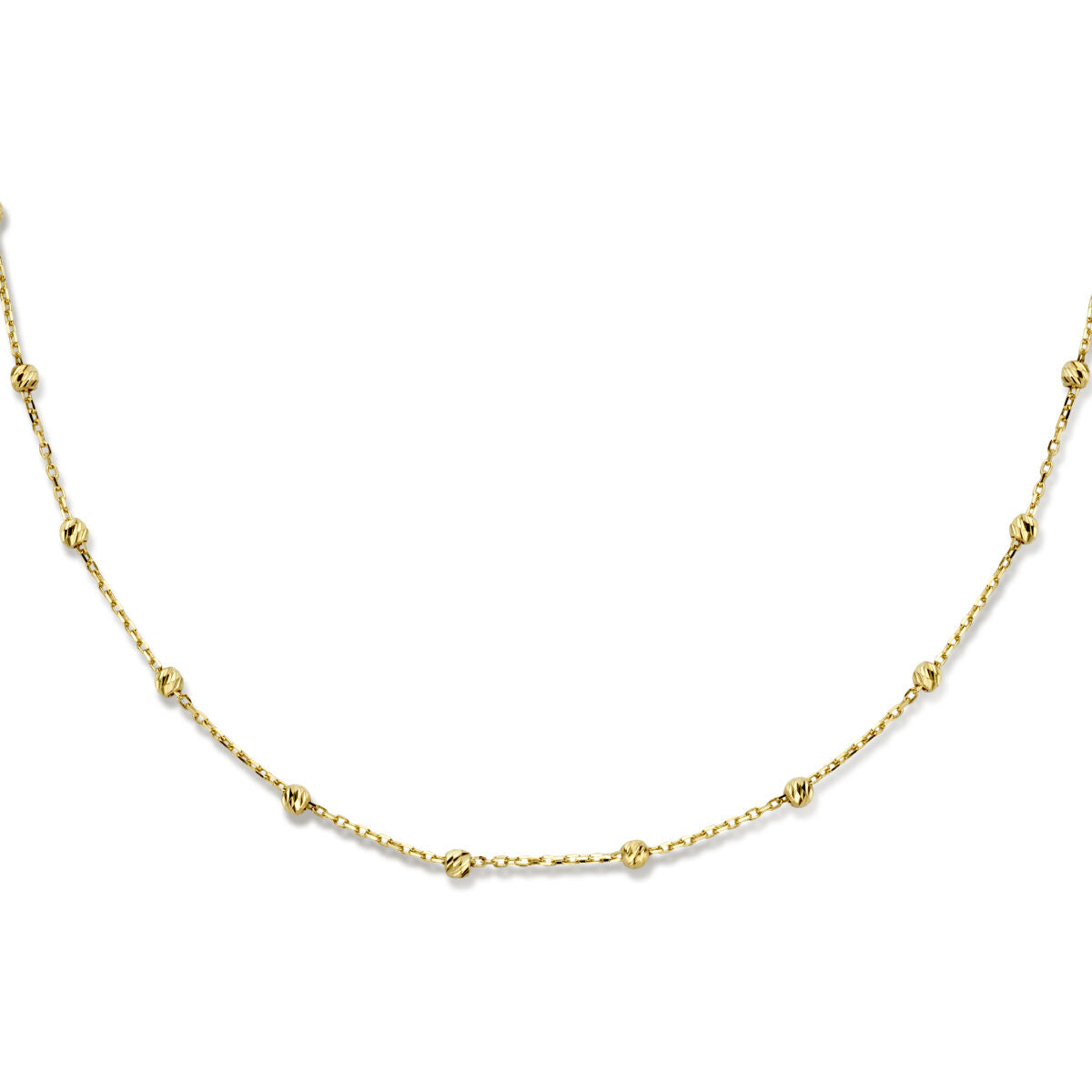 Collar de bolitas de 14K en oro amarillo, con detalles diamantados, de 40 a 44 cm.