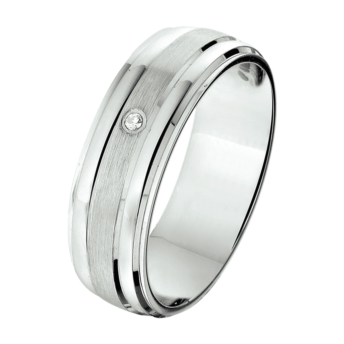 Anillo de plata rhodium con acabado cepillado, detalle de 0.01ct H SI y diseño de 6 mm.