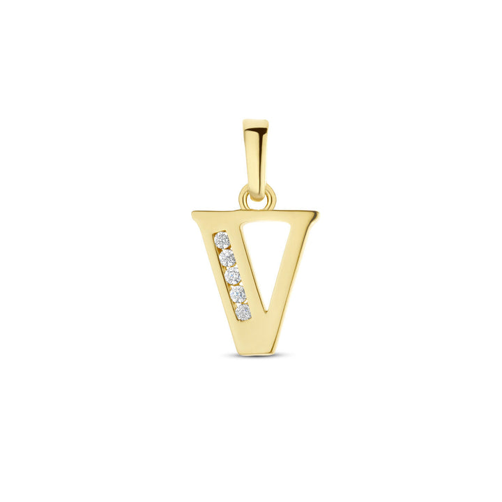 De hanger letter zirkonia 14K geelgoud uit de Van der Kooij Collectie is vormgegeven als een V, met vijf ronde zirkonia's in verticale lijn links en een gepolijste afwerking. Voorzien van lus voor bevestiging aan een ketting.