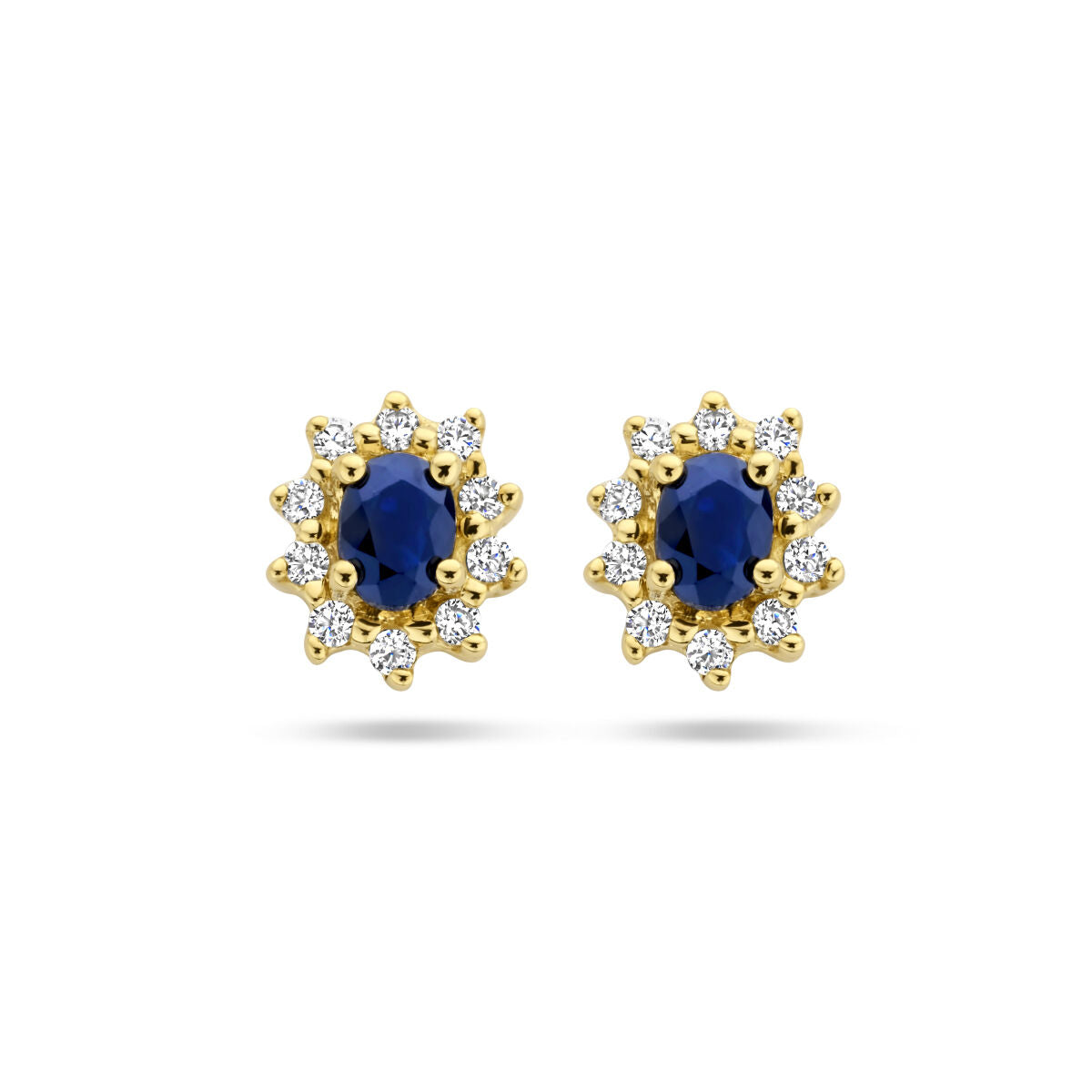 Pendientes de halo en oro amarillo de 14K con zafiro y circonitas.