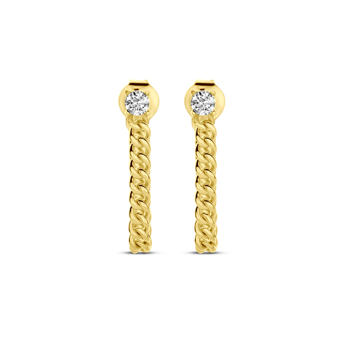 Pendientes de aro dorados con zircón, diseño trenzado y detalle brillante.