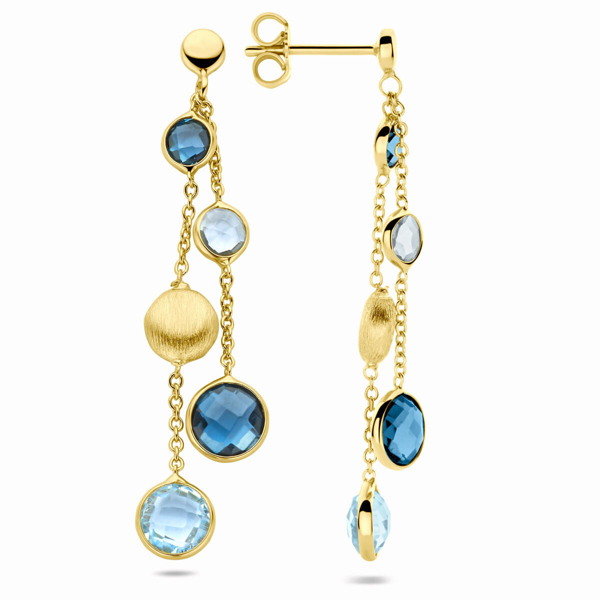 pendientes círculos, topacio azul cielo y topacio azul londres 44 mm 14K oro amarillo