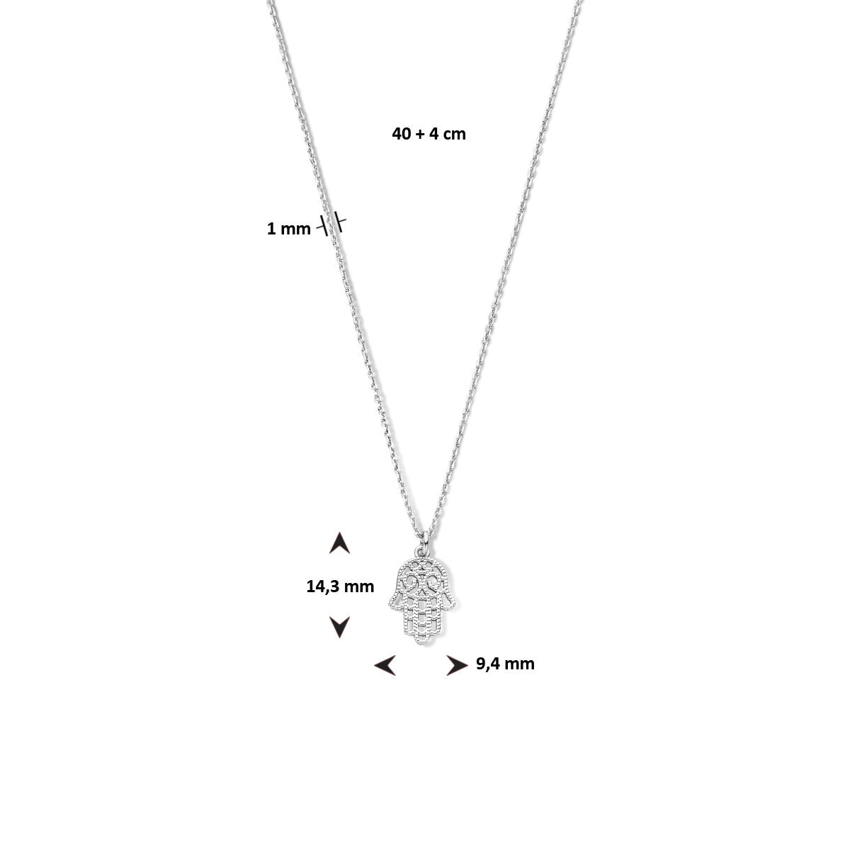 collar mano de Fátima 40 + 4 cm plata rodiada