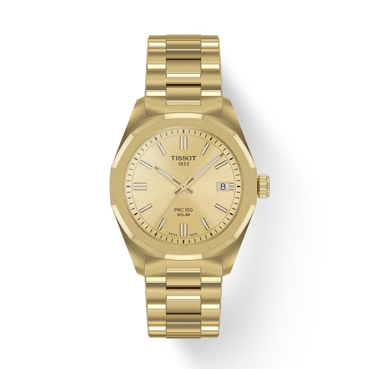 Reloj de mujer Tissot PRC 100 Solar de 34 mm, con caja y correa doradas, esfera dorada y detalles en azul.