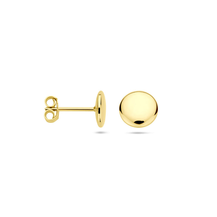 Een paar oorknoppen rond 14K geelgoud van Van der Kooij Collectie, gepolijst en elegant, getoond van voren en opzij op een witte achtergrond - perfecte tijdloze sieraden.