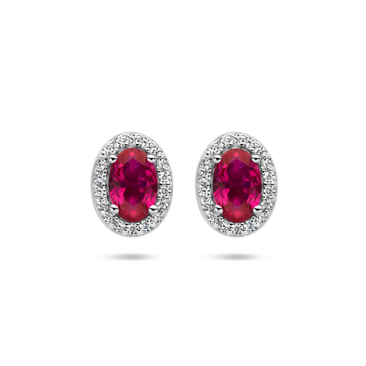 oorknoppen rood en wit zirkonia halo zilver gerhodineerd