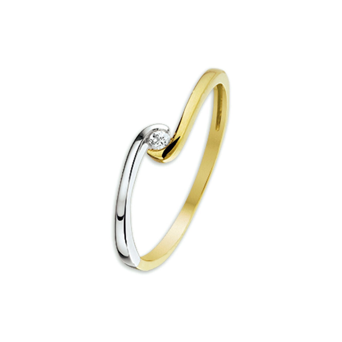 Anillo bicolor de oro amarillo y blanco con una zirconia brillante.