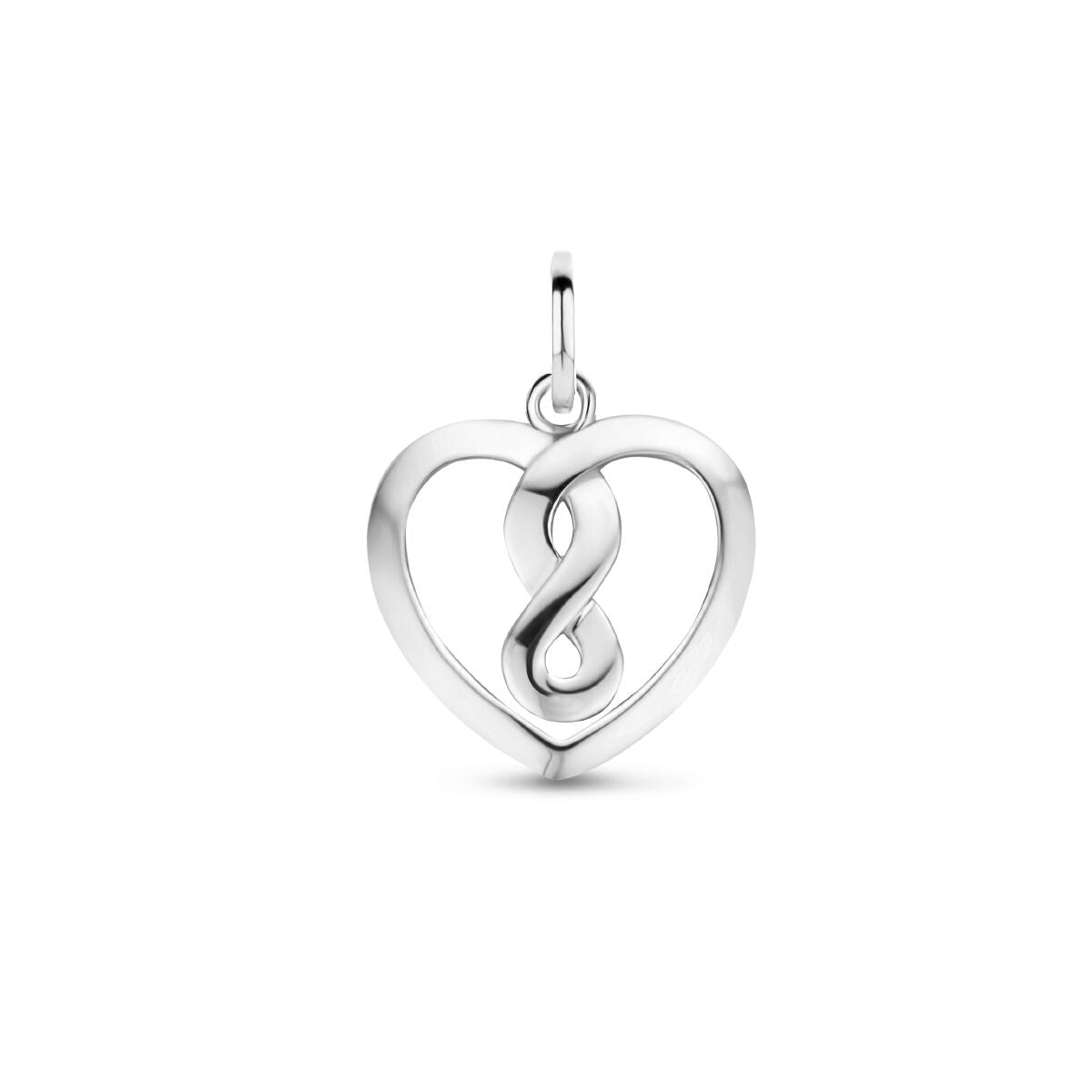 Colgante en forma de corazón con símbolo de infinito, acabado en plata rodiada.