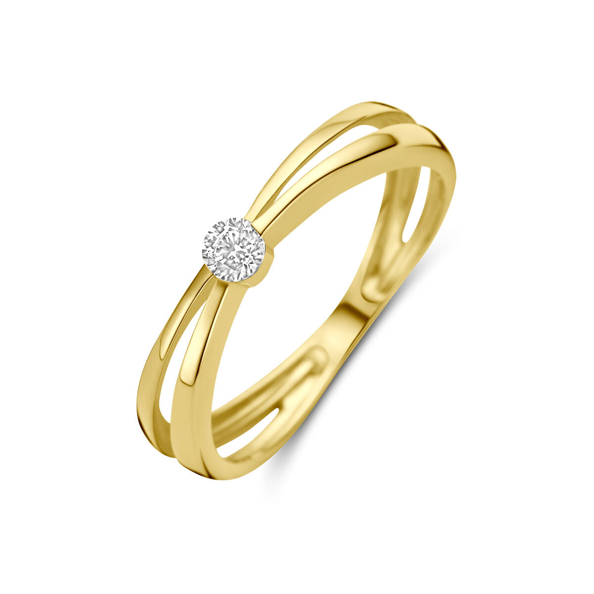 Anillo de oro amarillo de 14K con zirconia, diseño de doble banda y detalle brillante en el centro.
