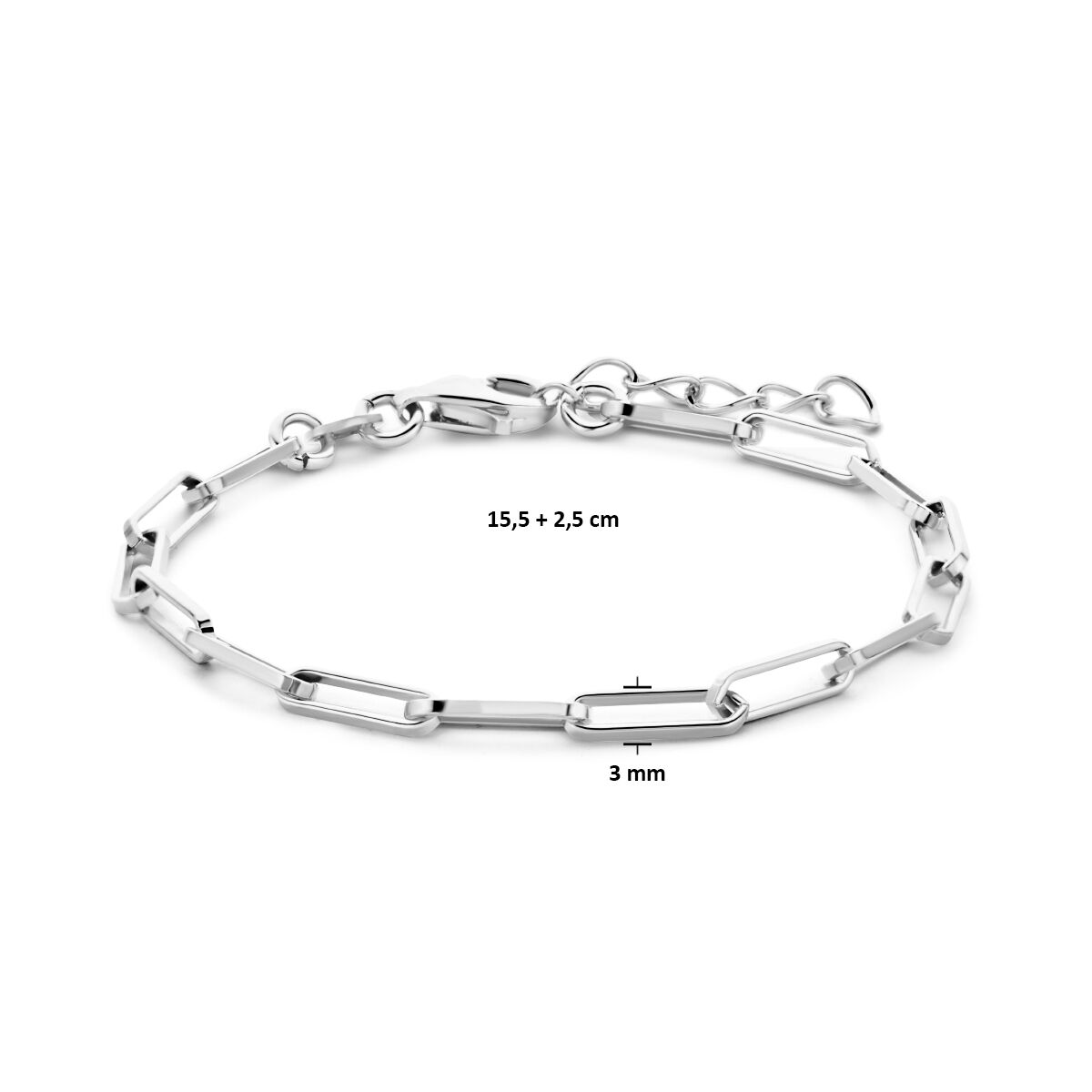 De Van der Kooij Collectie armband paperclip vierkante buis is gerhodineerd zilver, 15,5 + 2,5 cm lang en 3 mm breed. Uitgevoerd met karabijnsluiting en verlengkettinkje.