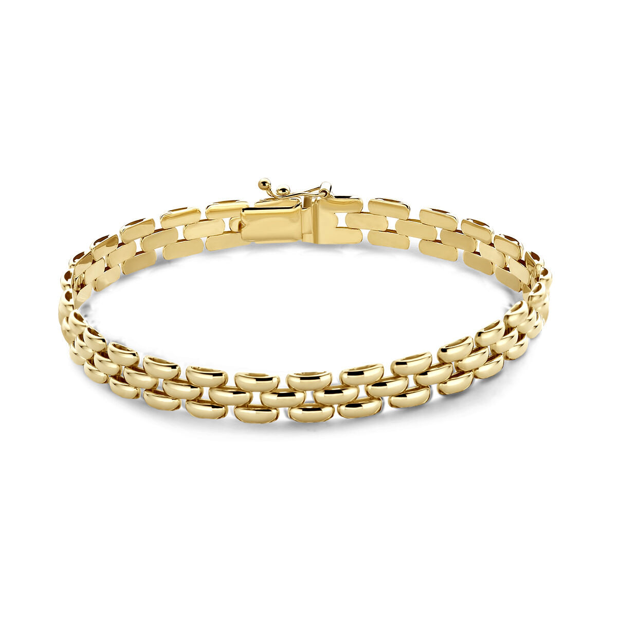 Pulsera dorada de pantera en 14K con eslabones ovalados y acabado brillante.