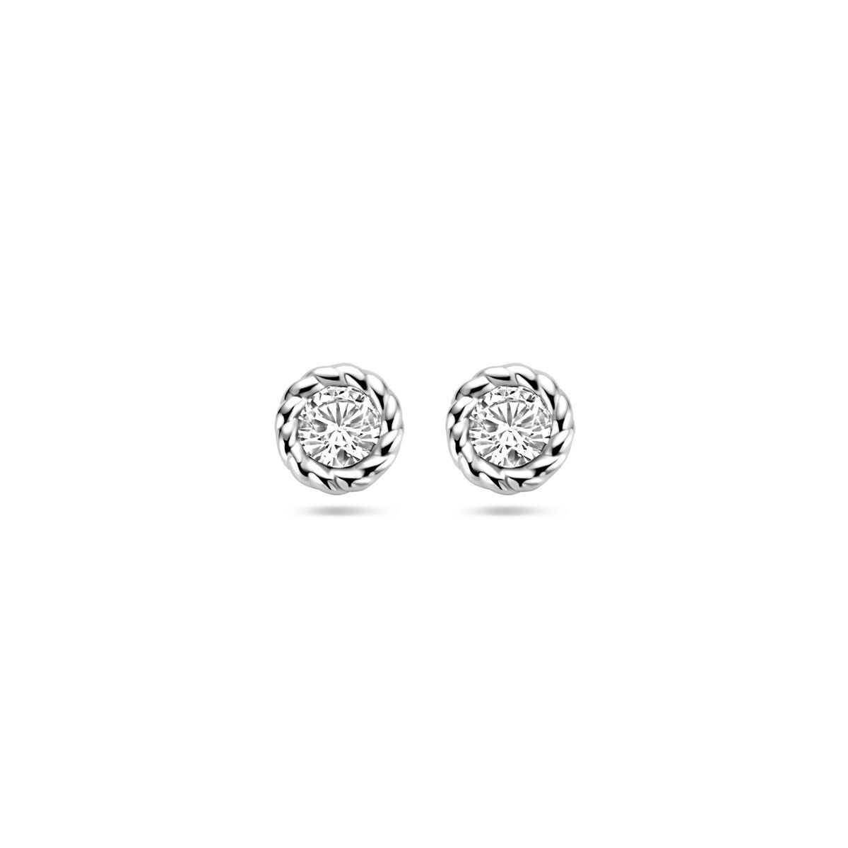 Pendientes de zircón en plata rodiada con diseño circular.