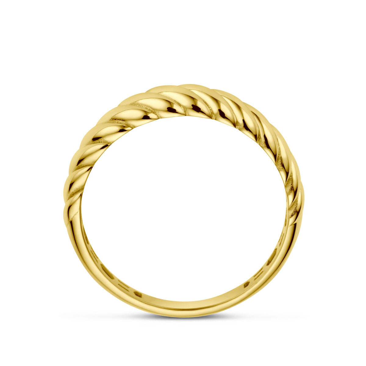 De ring gedraaid 14K geelgoud van Van der Kooij Collectie heeft een gepolijst gedraaid touw ontwerp en is rechtop afgebeeld tegen een witte achtergrond.