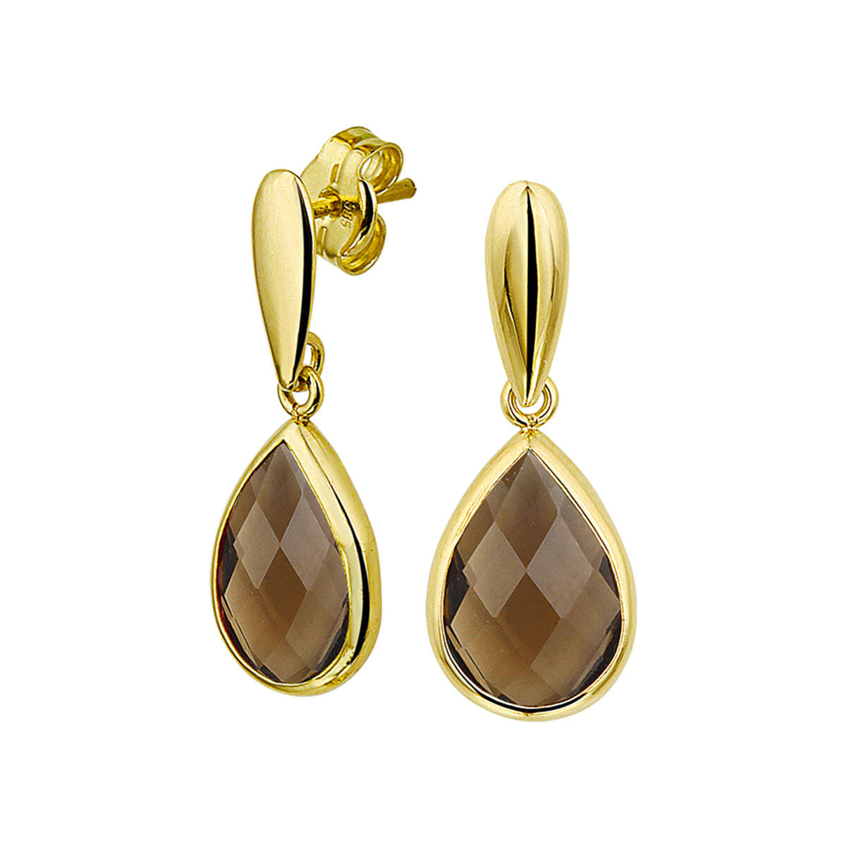 Pendientes largos de cuarzo ahumado en oro amarillo de 14 quilates con forma de gota.