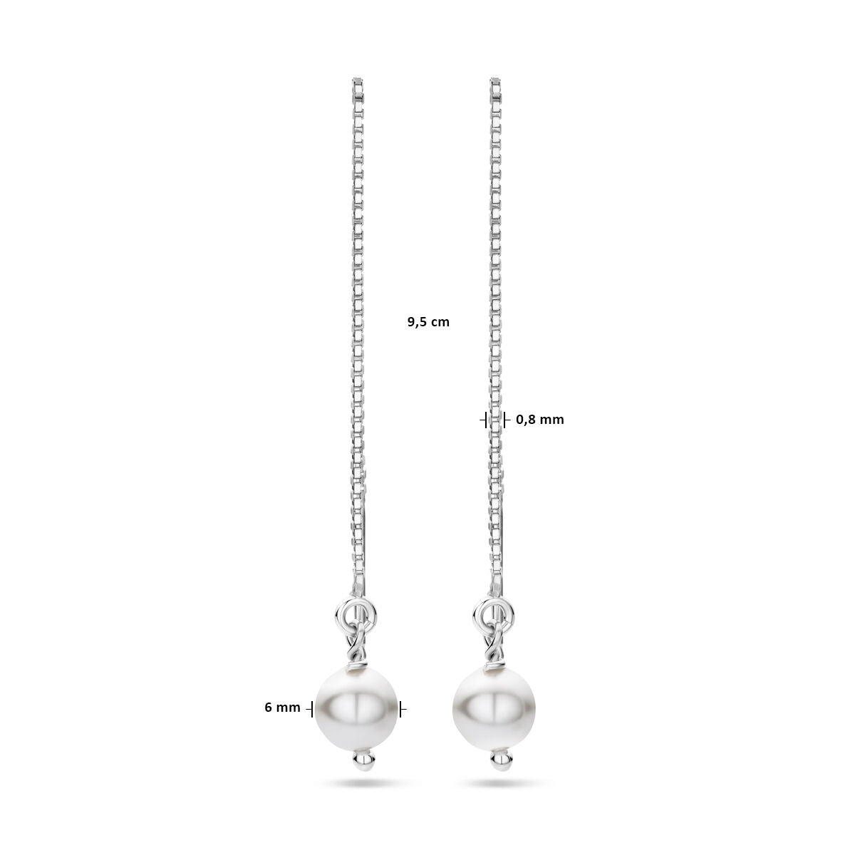 Van der Kooij Collectie doortrekoorbellen swarovski parel zilver gerhodineerd: elegante oorbellen met 9,5 cm ketting, 6 mm witte Swarovski parels en een fijne ketting van 0,8 mm breed.