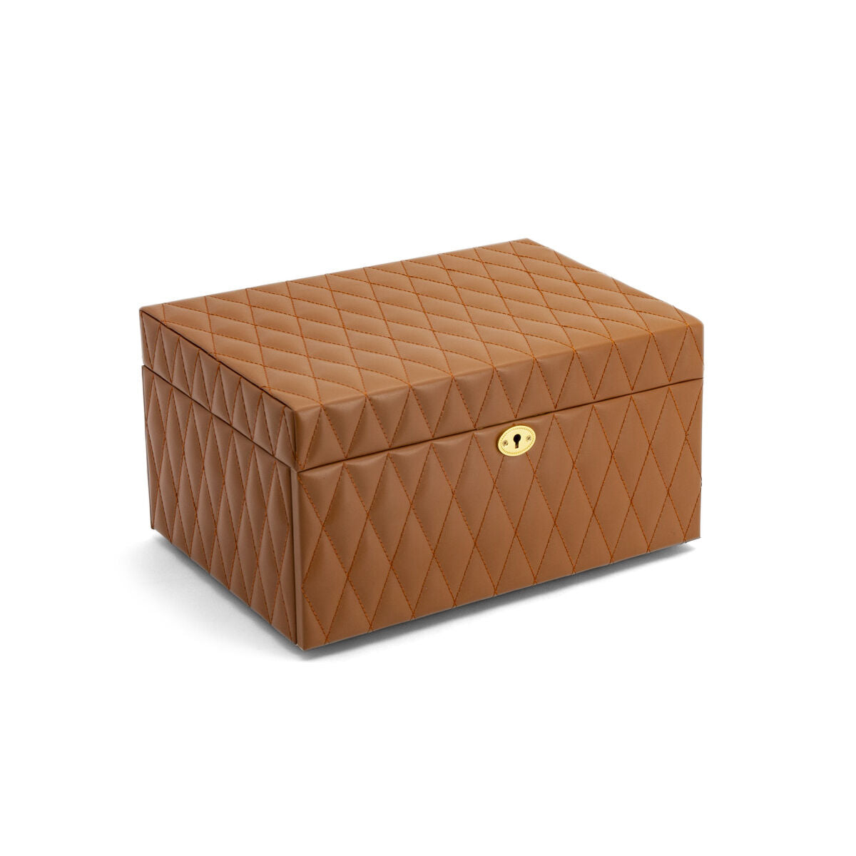 Caja de joyería marrón con textura acolchada y cierre dorado.