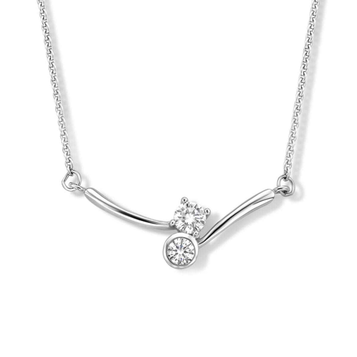 Collar de plata rhodinado con entrepieza de circonitas brillantes en forma curva.