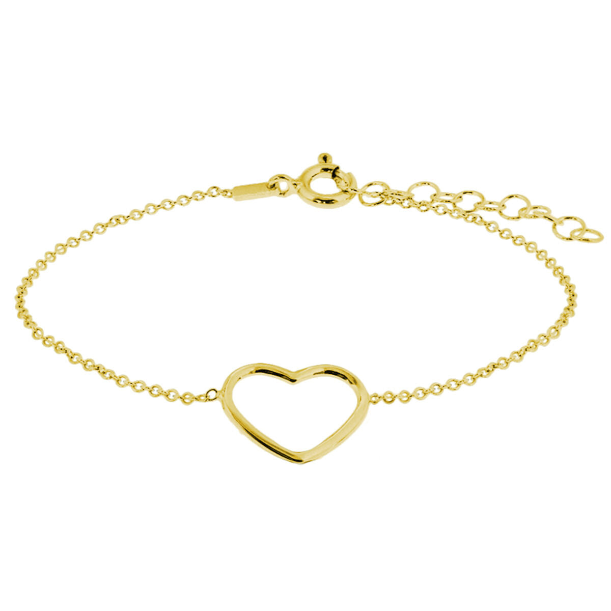 Pulsera de corazón en plata dorada de 3 micrones, con cadena ajustable de 16 a 19 cm.