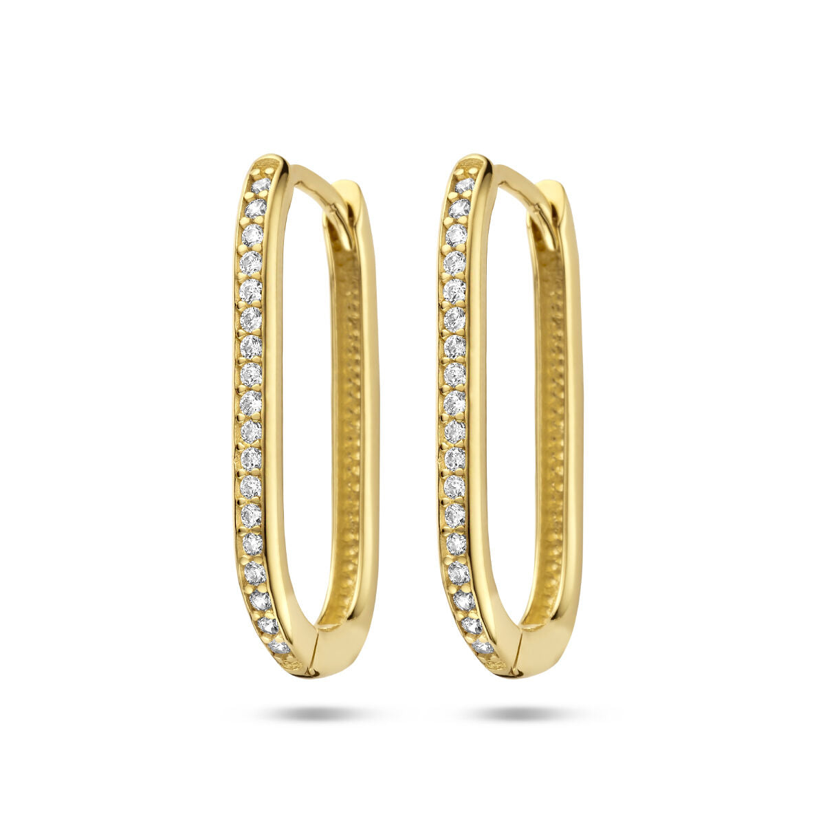 Pendientes de aro en forma de clip de papel, en oro amarillo de 14K con circonitas.