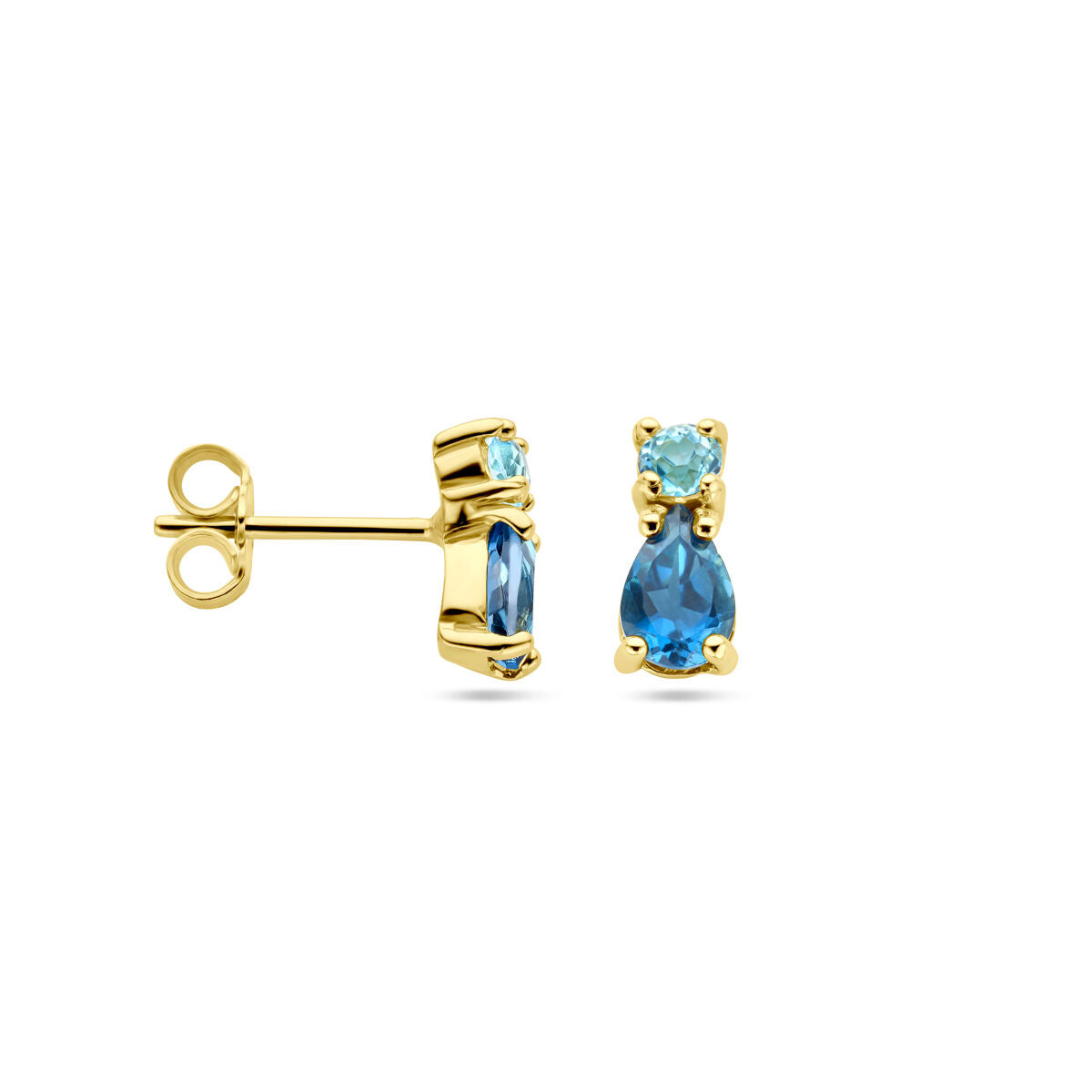 pendientes de botón con topacio london blue y topacio sky blue en oro amarillo de 14K
