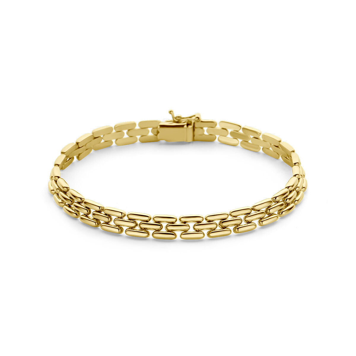Pulsera dorada de pantera de 14K con eslabones intercalados y cierre seguro.