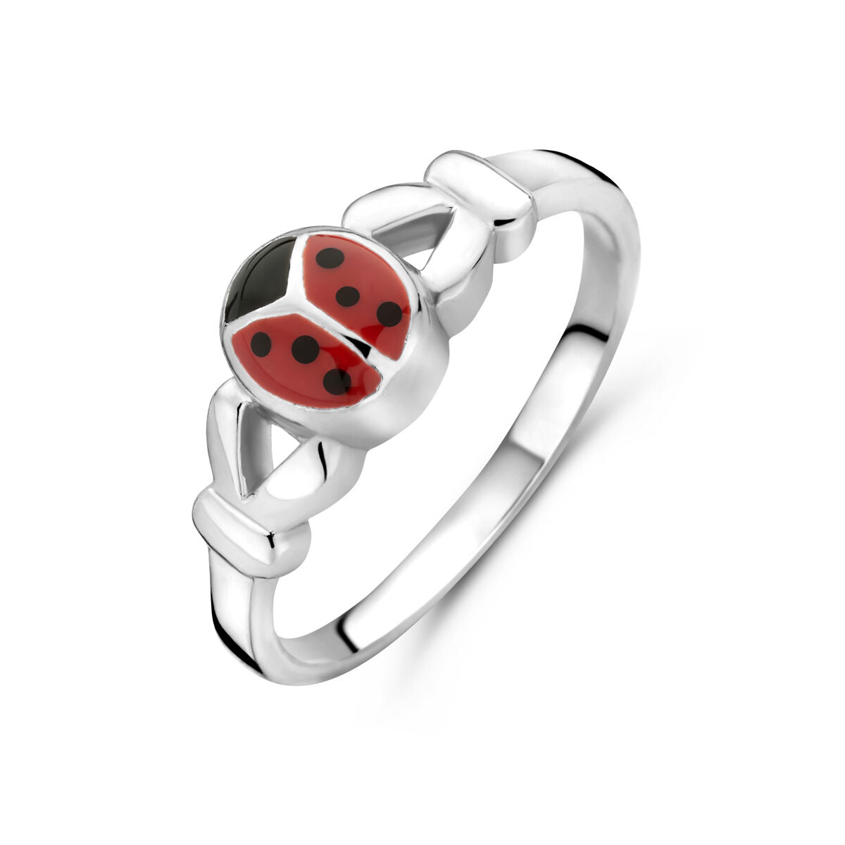 Anillo de plata con diseño de mariquita roja y negra.