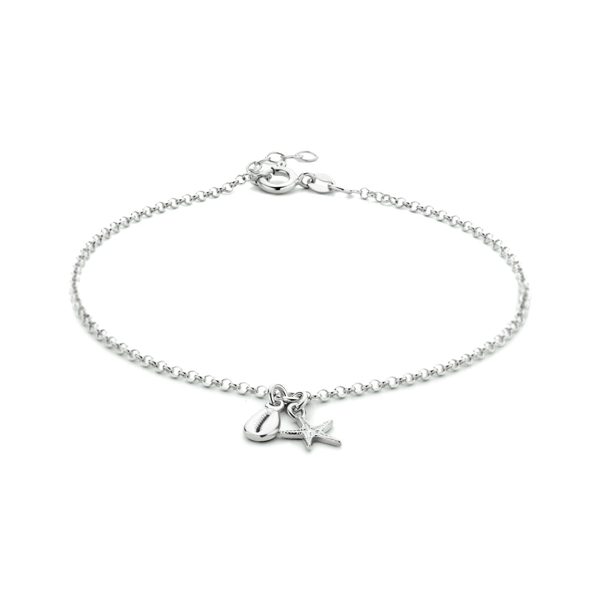 Pulsera de plata rodiada con concha y estrella de mar, de 24 + 2 cm de longitud.