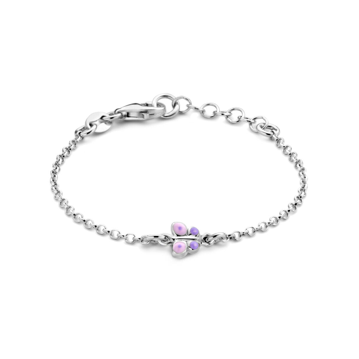 Pulsera de plata rhodium con un colgante de mariposa y detalles en color.