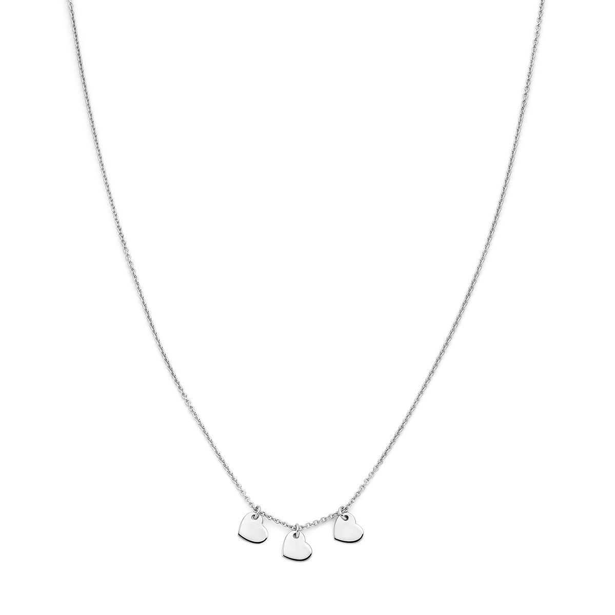 Collar de plata rodiada con tres corazones colgantes, longitud de 36 + 2 cm.